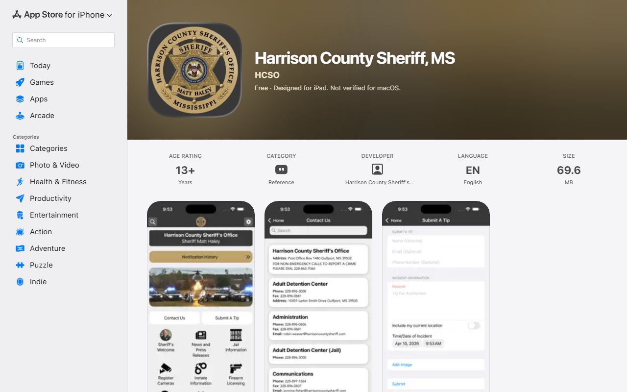 Harrison County inmate app Apple App Store listing