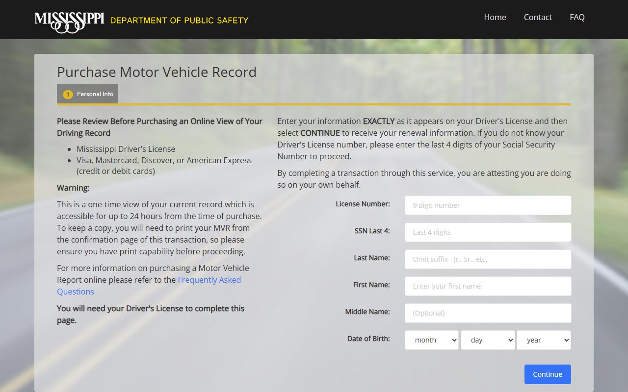 Harrison County traffic court records Mississippi online MVR purchase